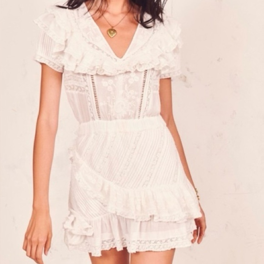 LoveShackFancy White Lace Ruffle Mini Dress